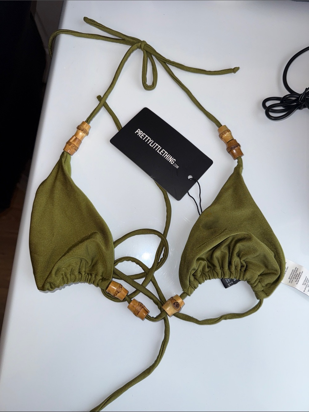 PrettyLittleThing Olive Triangle Bikini Top with Wooden Beads